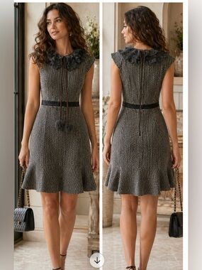Ryu Dark Gray Textured Fit-and-Flare Dress with Lace Collar